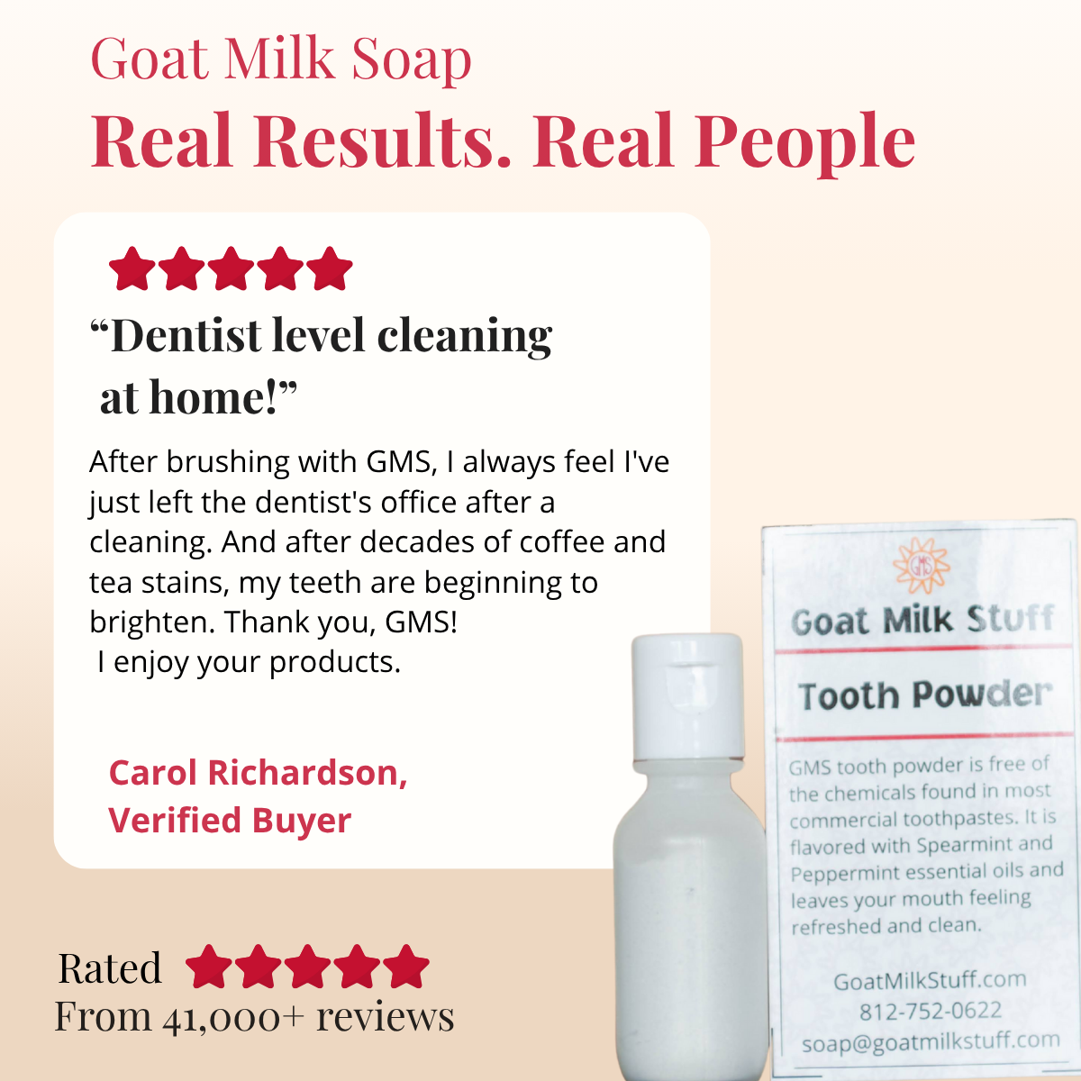 Goat Milk Soap product with customer review and tooth powder packaging on a beige background