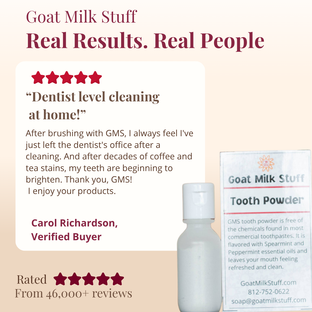 Promotional graphic for Goat Milk Stuff tooth powder with customer review and product packaging.