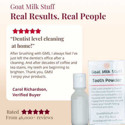 Promotional graphic for Goat Milk Stuff tooth powder with customer review and product packaging.