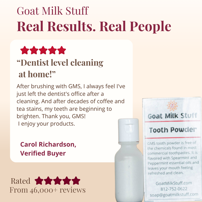 Promotional graphic for Goat Milk Stuff tooth powder with customer review and product packaging.