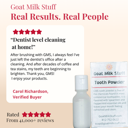 Goat Milk Stuff tooth powder with customer review and product packaging on a beige background