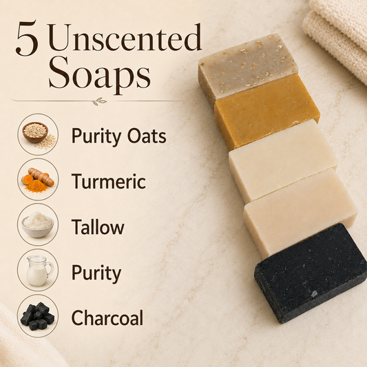 Five unscented handmade soap bars arranged vertically on a light marble surface, labeled with their ingredients: Purity Oats, Turmeric, Tallow, Purity, and Charcoal. The soaps are in different colors: gray-brown, golden-brown, cream, off-white, and black.