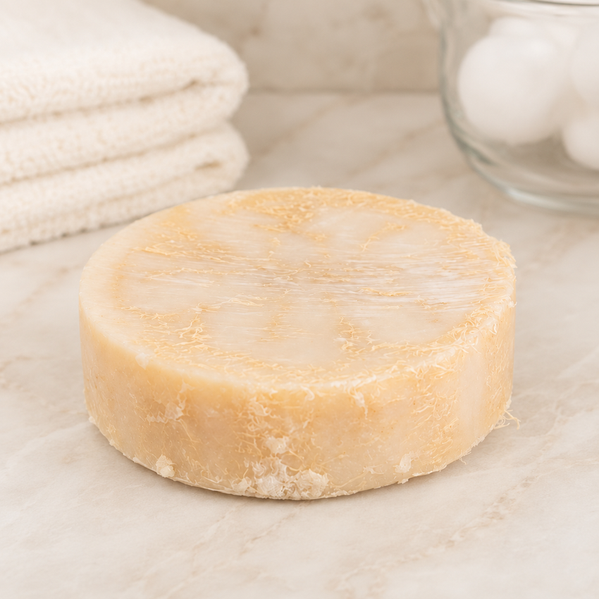 Bar of Luffa soap on a marble surface with towels and a glass container in the background