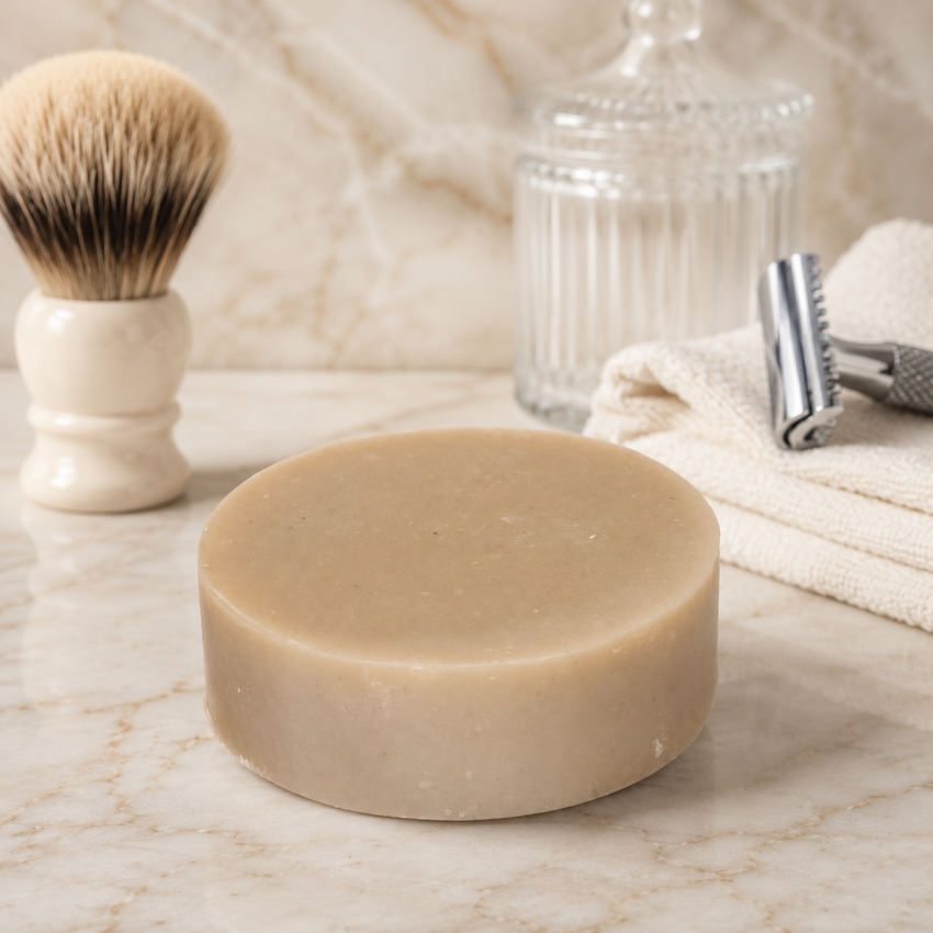 Bar of soap on a marble surface with a shaving brush and razor in the background.