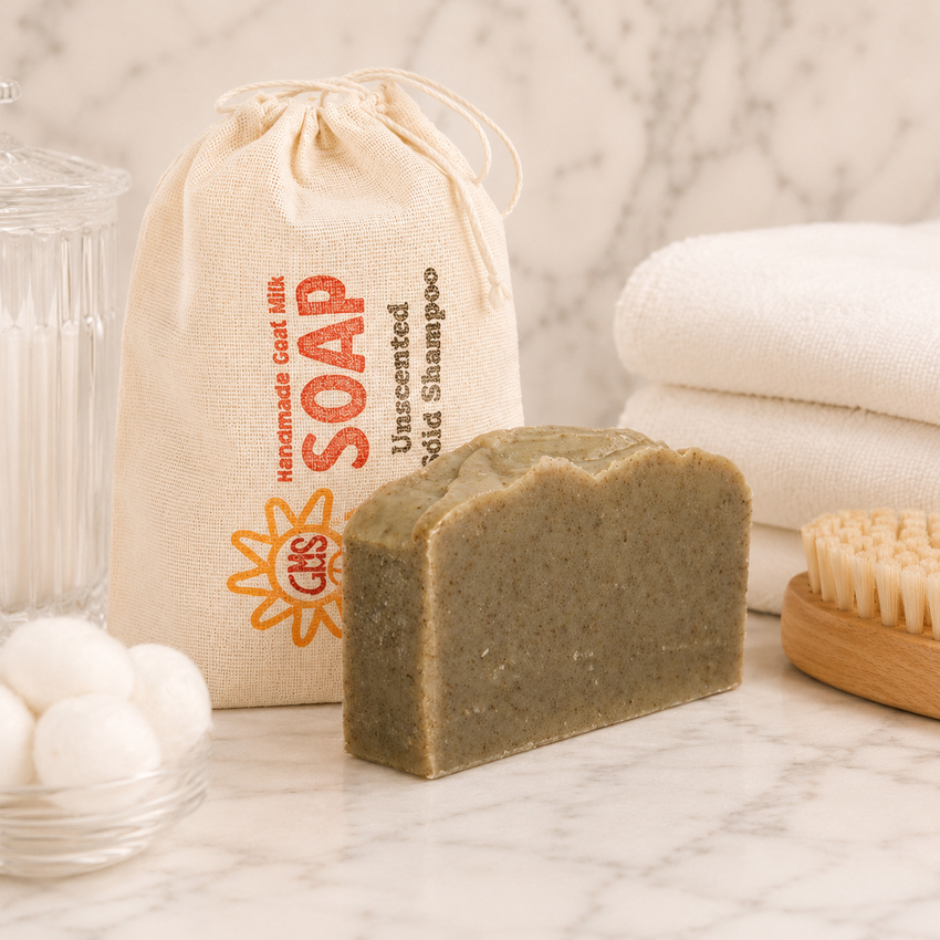 Bar ofshampoo soap on a marble surface with a drawstring bag labeled 'Soap' and a stack of white towels in the background.