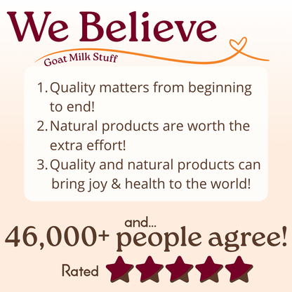 Text on a beige background with 'We Believe' and product values, featuring a star rating and number of agreeing people.