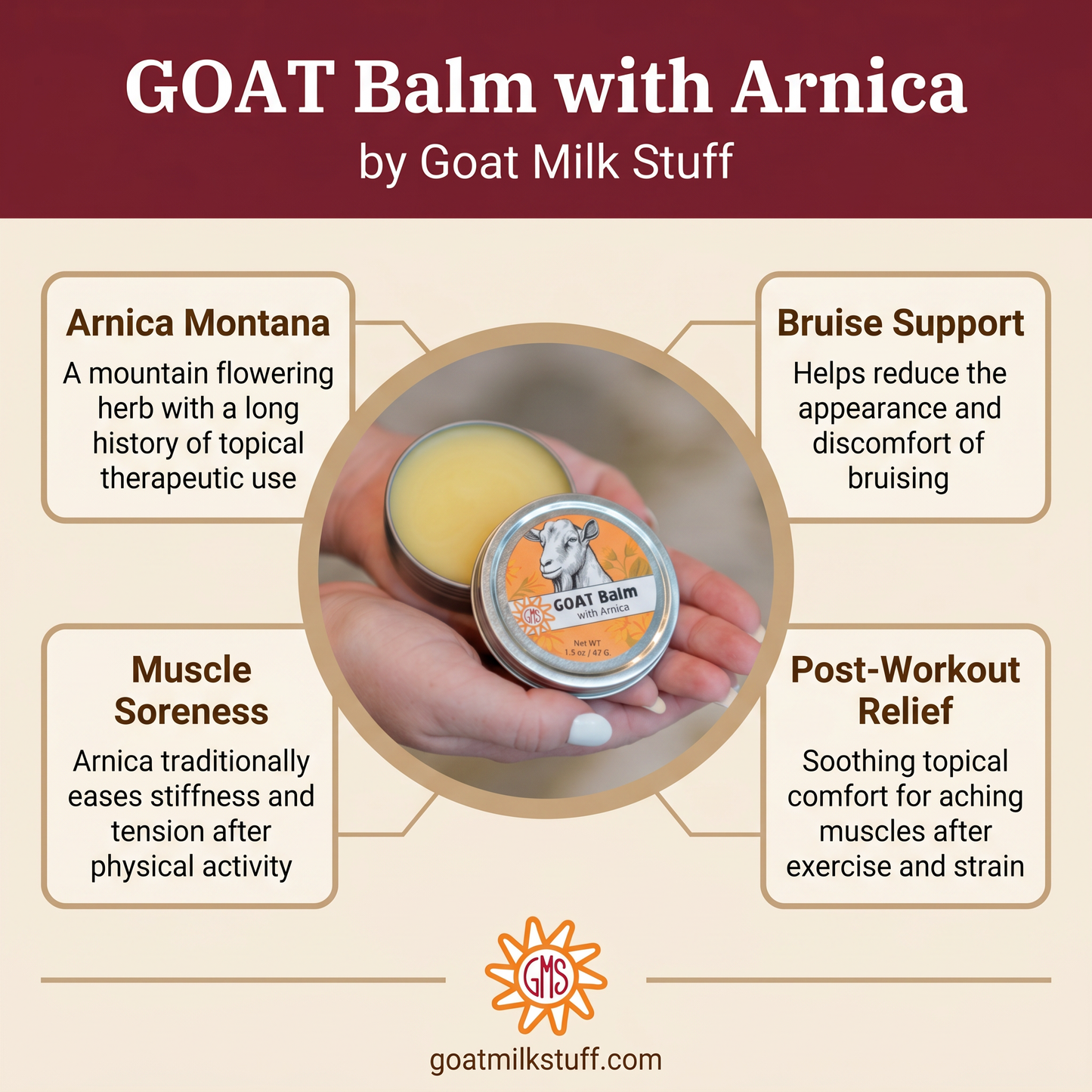 GOAT Balm with Arnica by Goat Milk Stuff on a beige background