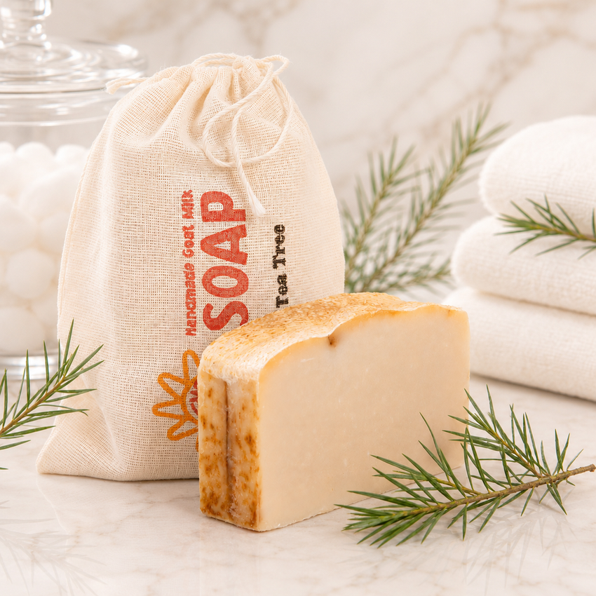Bar of goat milk soap with a drawstring bag labeled 'Soap' and greenery on a light background
