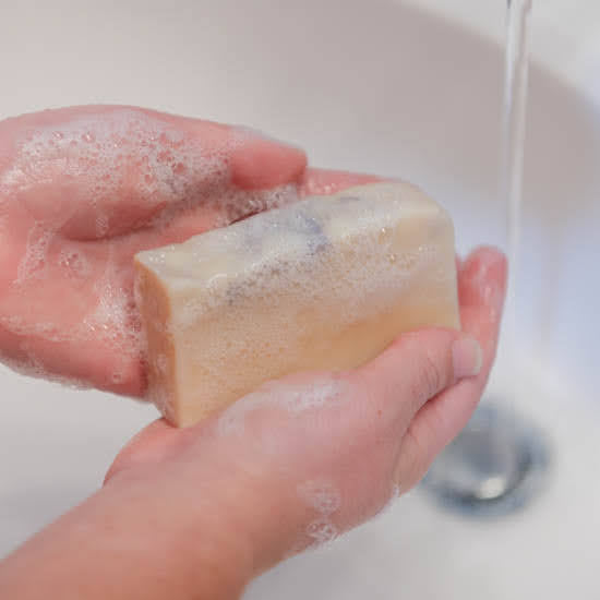 Washing hands with Lavender Goat Milk Soap