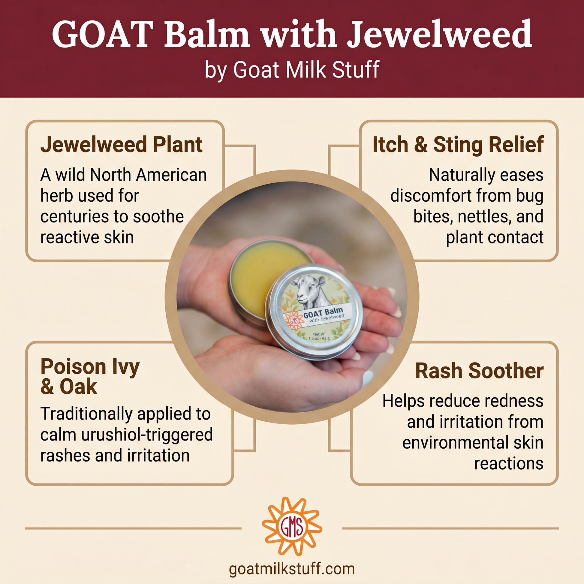 Promotional graphic for GOAT Balm with Jewelweed by Goat Milk Stuff, featuring a hand holding balm and text about its uses.