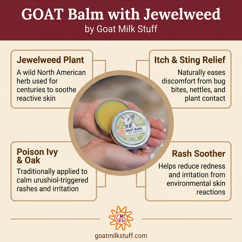 Promotional graphic for GOAT Balm with Jewelweed by Goat Milk Stuff, featuring a hand holding balm and text about its uses.