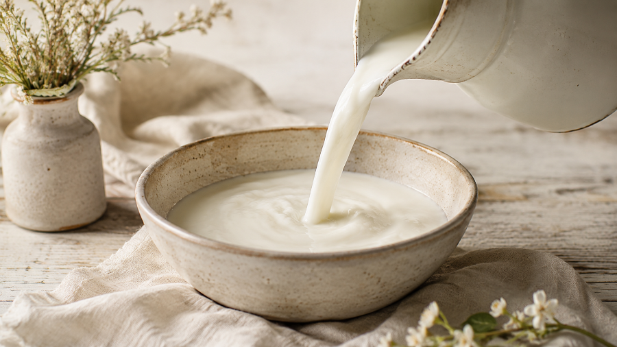 goat milk being poured into a bowl